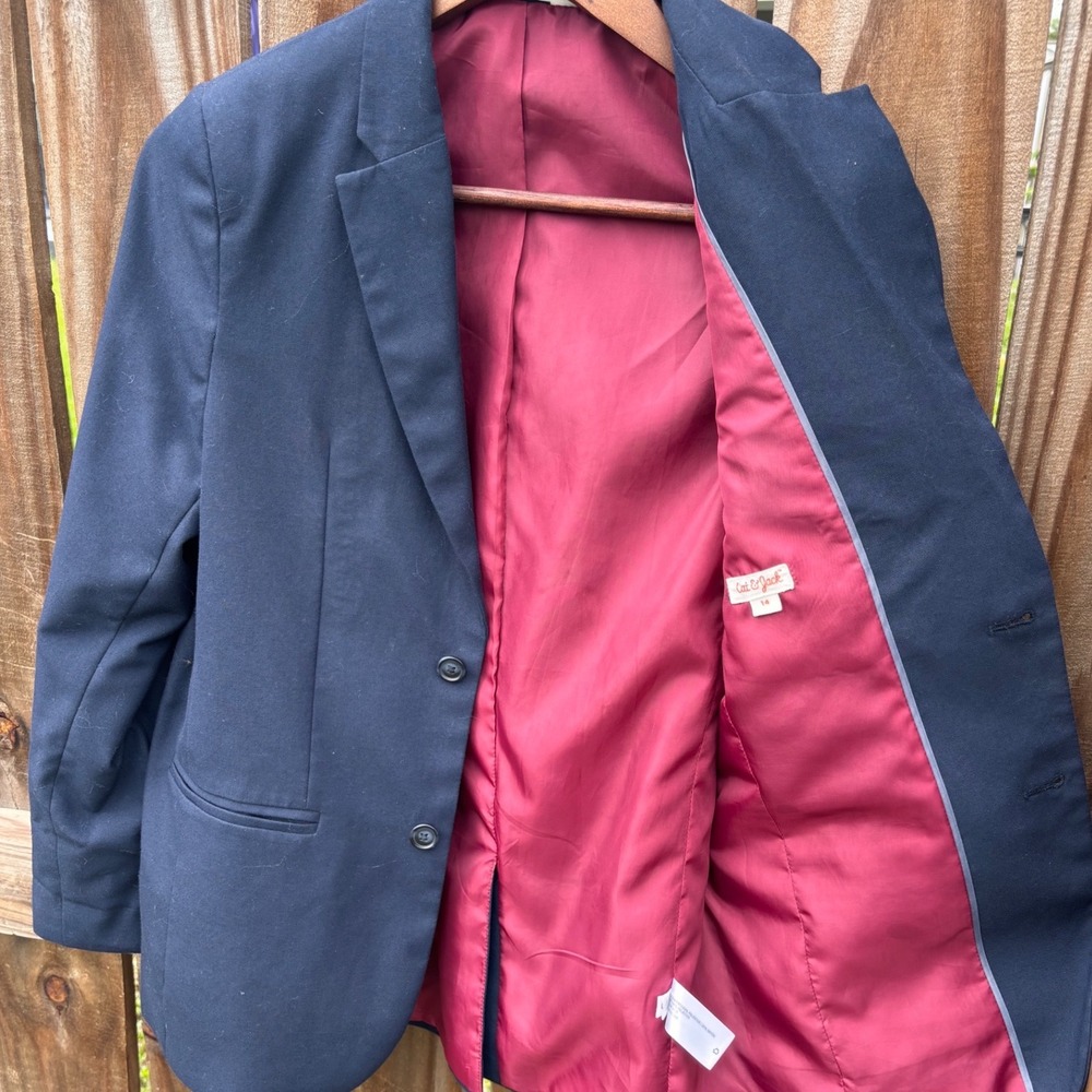 Blazer Boys Navy Blue Good Two Button Burgundy Lining Kids Size 14 - Picture 12 of 12